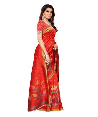 Orange Art Silk Printed Saree With Blouse For Women 2