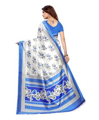 White Art Silk Printed Saree With Blouse For Women 3