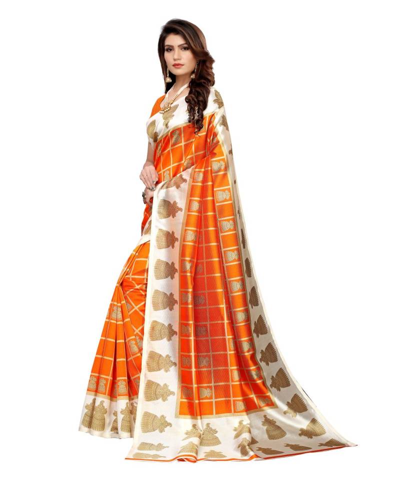 Orange Art Silk Printed Saree With Blouse For Women