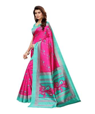 Blue Art Silk Printed Saree With Blouse For Women 1