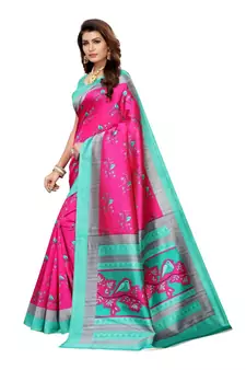 Blue Art Silk Printed Saree With Blouse For Women