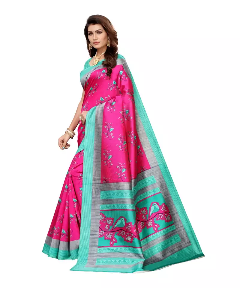 Blue Art Silk Printed Saree With Blouse For Women