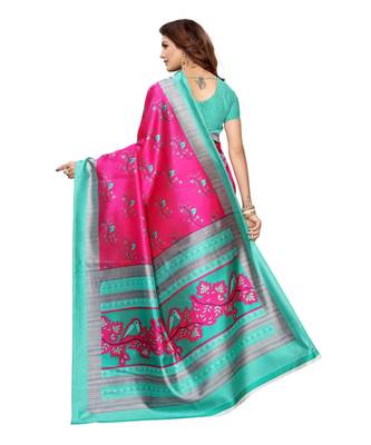 Blue Art Silk Printed Saree With Blouse For Women 3