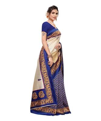 Cream Art Silk Printed Saree With Blouse For Women 2