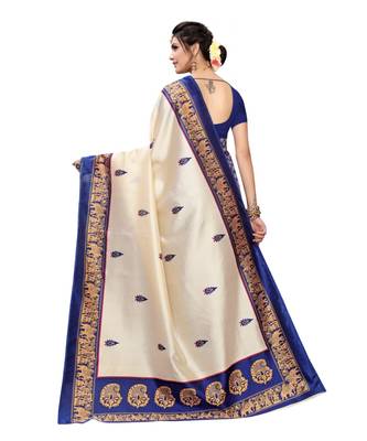 Cream Art Silk Printed Saree With Blouse For Women 3