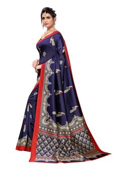 Blue Art Silk Printed Saree With Blouse For Women