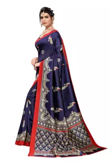 Blue Art Silk Printed Saree With Blouse For Women