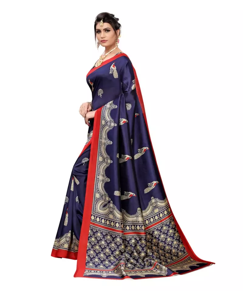 Blue Art Silk Printed Saree With Blouse For Women
