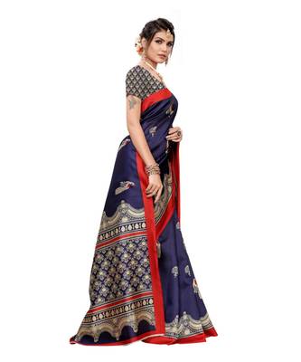 Blue Art Silk Printed Saree With Blouse For Women 2