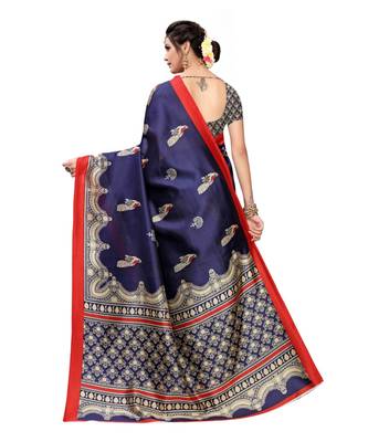Blue Art Silk Printed Saree With Blouse For Women 3