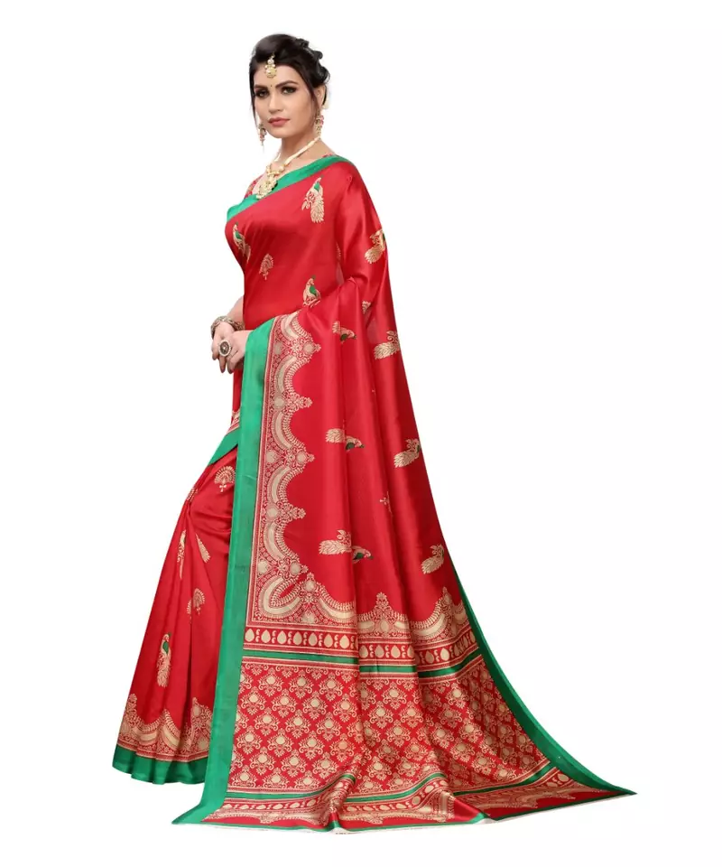 Red Art Silk Printed Saree With Blouse For Women