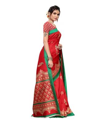 Red Art Silk Printed Saree With Blouse For Women 2