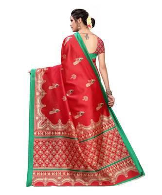 Red Art Silk Printed Saree With Blouse For Women 3