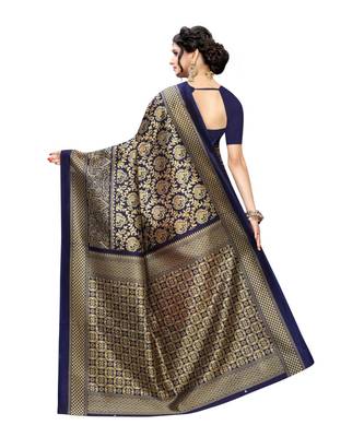 Blue Art Silk Printed Saree With Blouse For Women 3