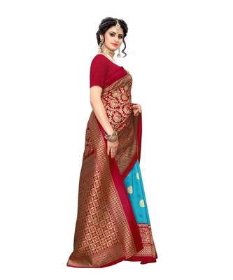 Red Art Silk Printed Saree With Blouse For Women 2