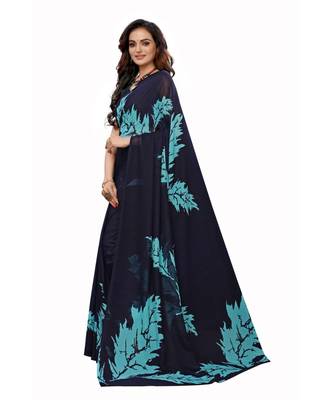 Blue Georgette Printed Saree With Blose For Women 1