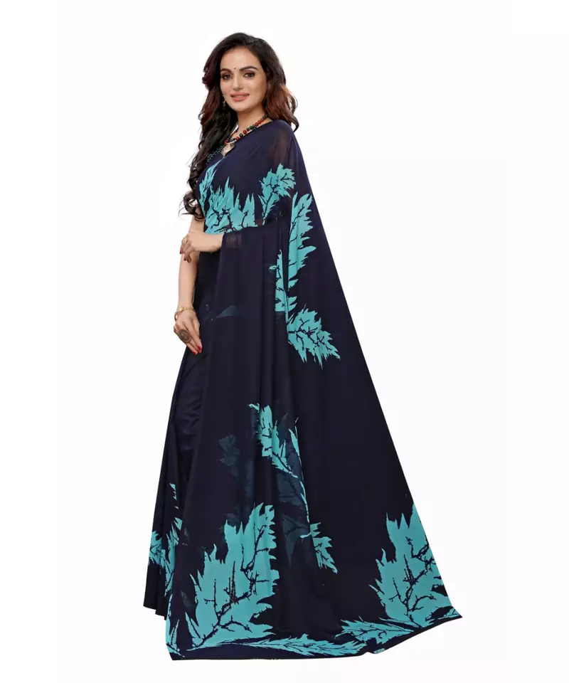 Blue Georgette Printed Saree With Blose For Women