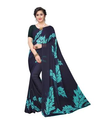 Blue Georgette Printed Saree With Blose For Women 3