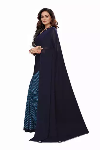 Blue Georgette Printed Saree With Blose For Women
