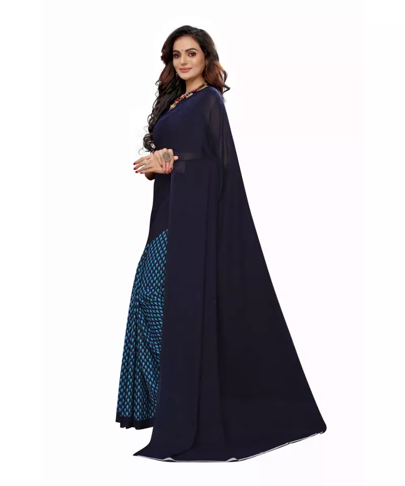 Blue Georgette Printed Saree With Blose For Women