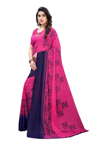 Pink Georgette Printed Saree With Blose For Women