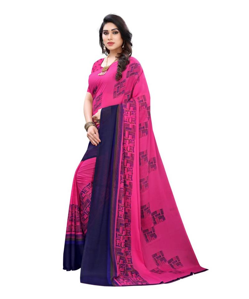 Pink Georgette Printed Saree With Blose For Women