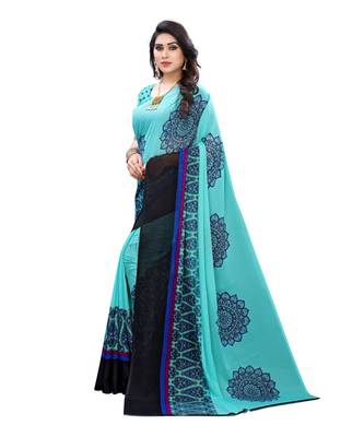 Blue Georgette Printed Saree With Blose For Women 1