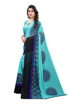 Blue Georgette Printed Saree With Blose For Women