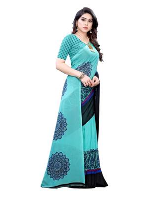 Blue Georgette Printed Saree With Blose For Women 2