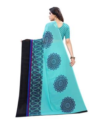 Blue Georgette Printed Saree With Blose For Women 3
