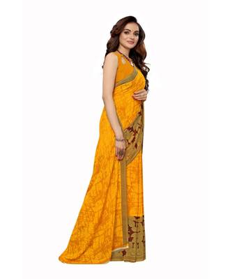Yellow Georgette Printed Saree With Blose For Women 2