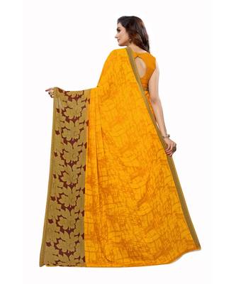 Yellow Georgette Printed Saree With Blose For Women 3