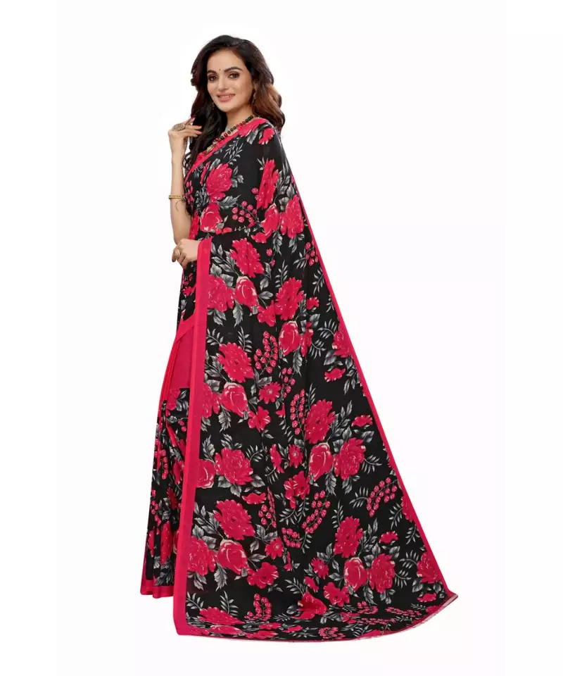 Pink Georgette Printed Saree With Blose For Women