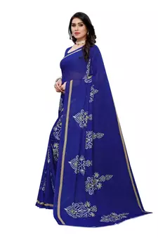 Blue Georgette Printed Saree With Blose For Women