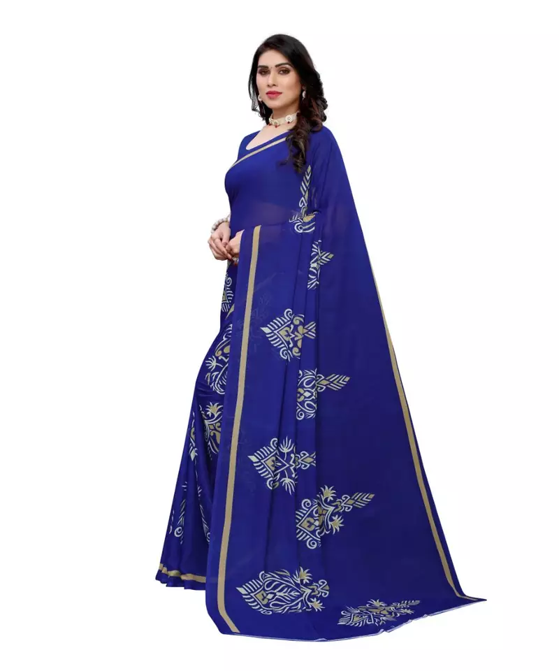Blue Georgette Printed Saree With Blose For Women