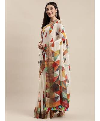 White & Mustard Yellow Pure Linen Printed Bhagalpuri Handloom Saree 1