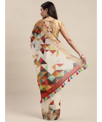 White & Mustard Yellow Pure Linen Printed Bhagalpuri Handloom Saree 2