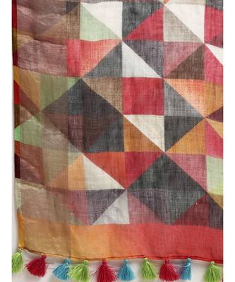 White & Mustard Yellow Pure Linen Printed Bhagalpuri Handloom Saree 4