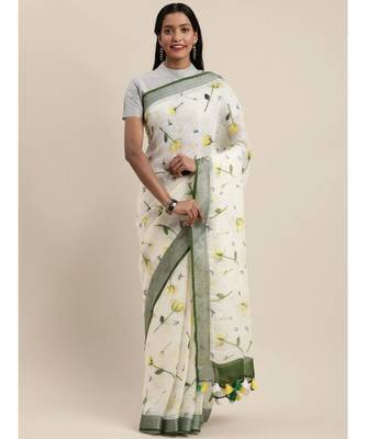 Off-White Pure Linen Floral Printed Bhagalpuri Saree 1