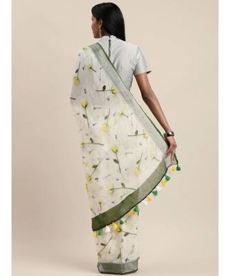 Off-White Pure Linen Floral Printed Bhagalpuri Saree 2