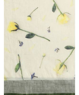 Off-White Pure Linen Floral Printed Bhagalpuri Saree 3