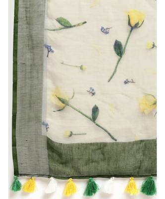 Off-White Pure Linen Floral Printed Bhagalpuri Saree 4