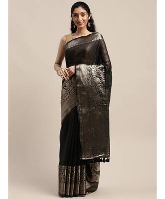 Black Pure Linen Solid Handloom Banarasi Saree 1
