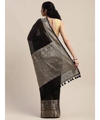 Black Pure Linen Solid Handloom Banarasi Saree 2