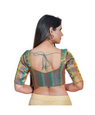 Salwar Studio Women's Rama Green Jacquard Readymade Saree Blouse 2