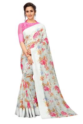Light blue printed linen saree with blouse 1