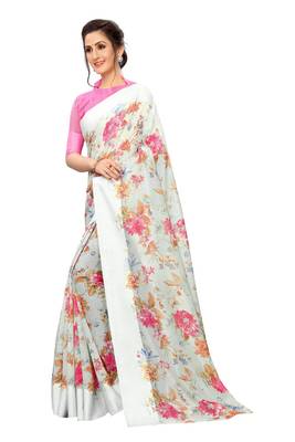 Light blue printed linen saree with blouse 2