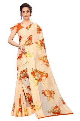 Orange printed linen saree with blouse 1