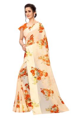 Orange printed linen saree with blouse 2