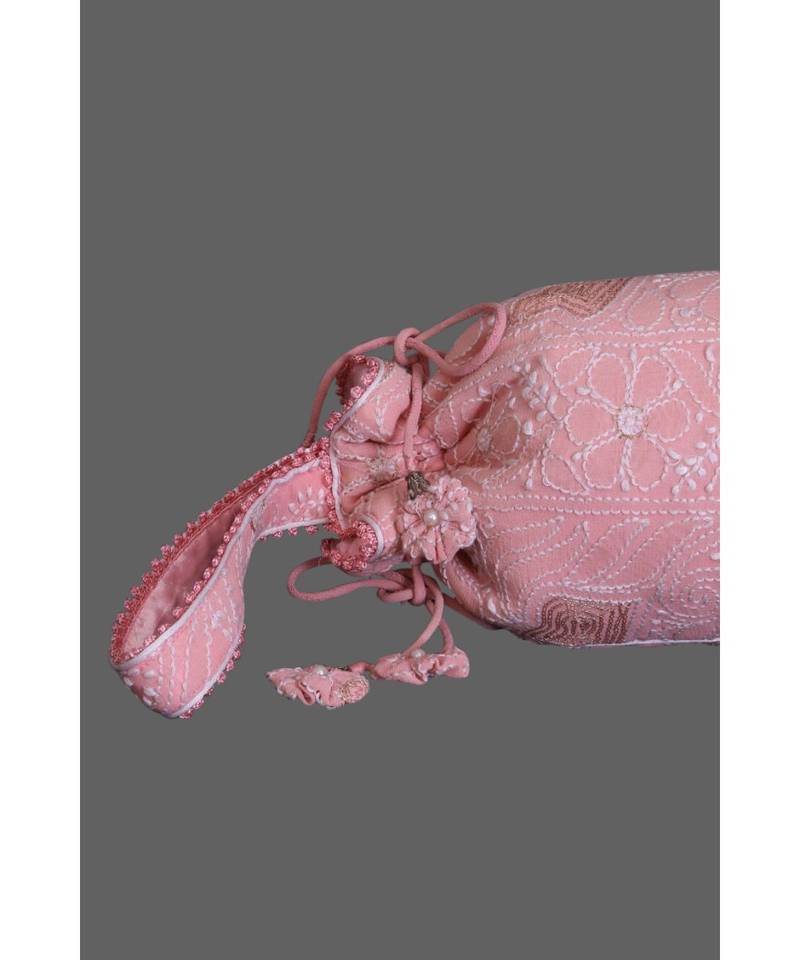 Ada Hand Embroidered Lamonade Pink Georgette Lucknow Chikankari Potli With Pearl Work-A615059